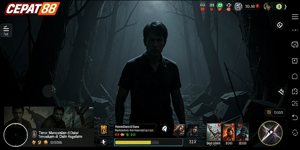 Tampilan gameplay menyeramkan dalam dunia kegelapan.