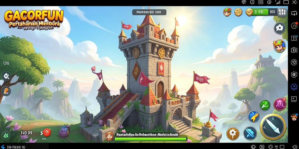 Tampilan gameplay GACORFUN dengan menara yang siap bertahan.