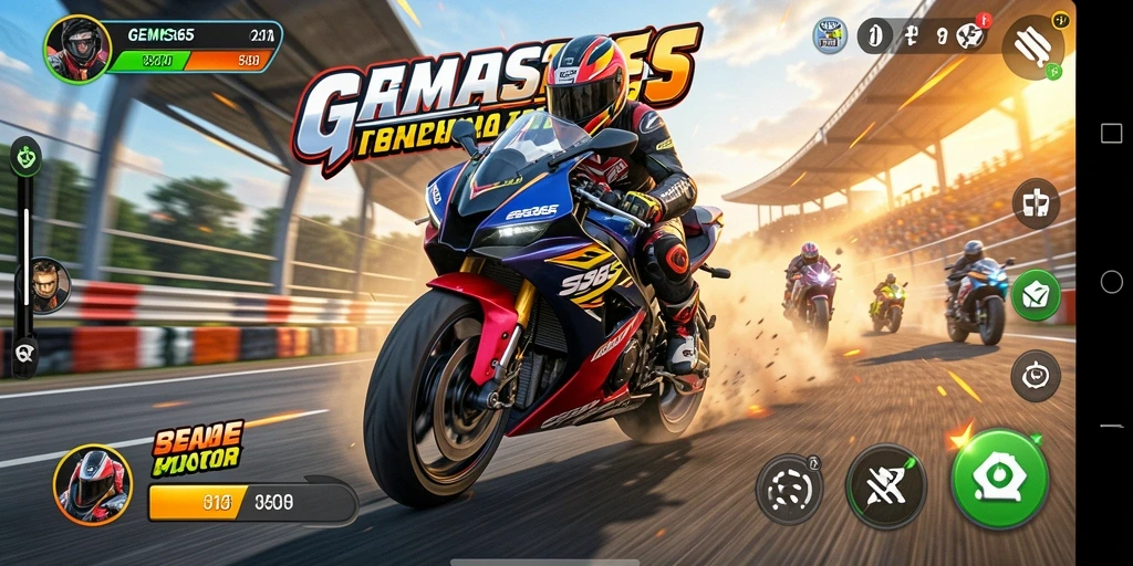Screenshot gameplay <strong>GEMS365</strong> menunjukkan aksi balap motor yang mendebarkan.