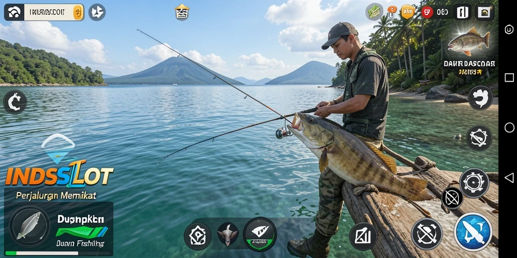 Gameplay menarik dalam <strong>INDSLOT</strong> saat memancing ikan di lautan.