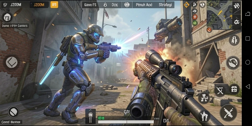 Tampilan gameplay J200M dengan aksi tembak-menembak yang seru.