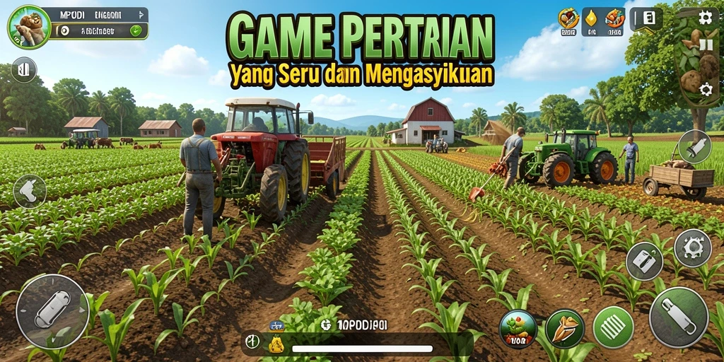 Tampilan gameplay MPOID dengan berbagai tanaman dan hewan ternak.