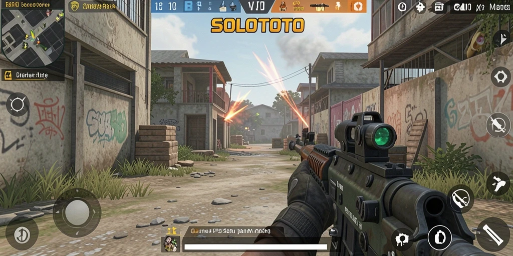 Tampilan gameplay <strong>SOLOTOTO</strong> yang menegangkan di medan perang FPS.